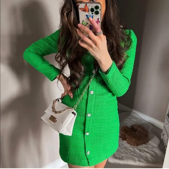 Zara * Tweed Textured Weave Blazer Dress with Jewel Buttons Green - Picture 4 of 14